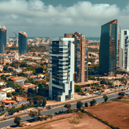 1. מבט אווירי של אשדוד המראה בנייני משרדים שונים.